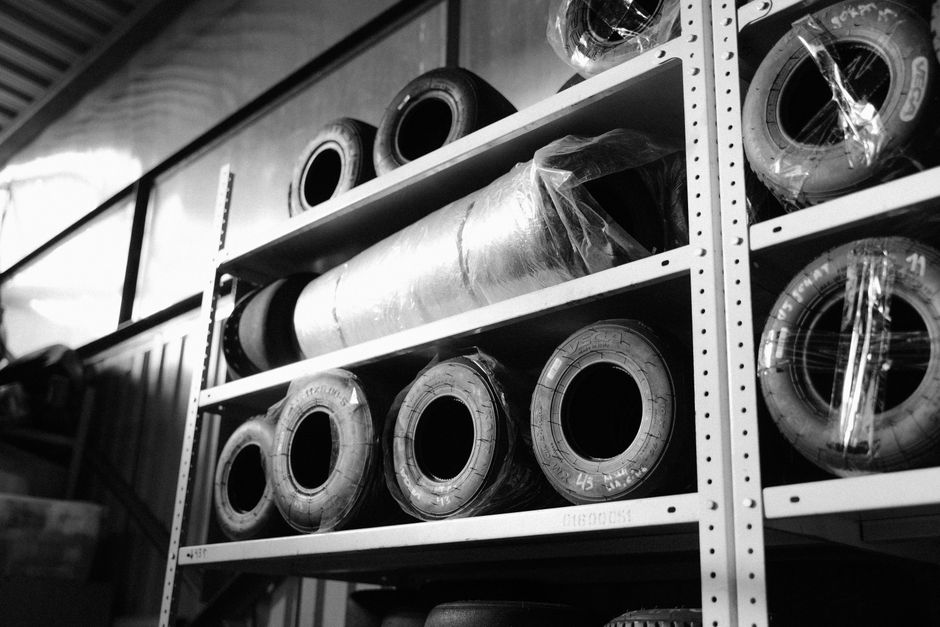 Large warehouse with organized tire storage racks